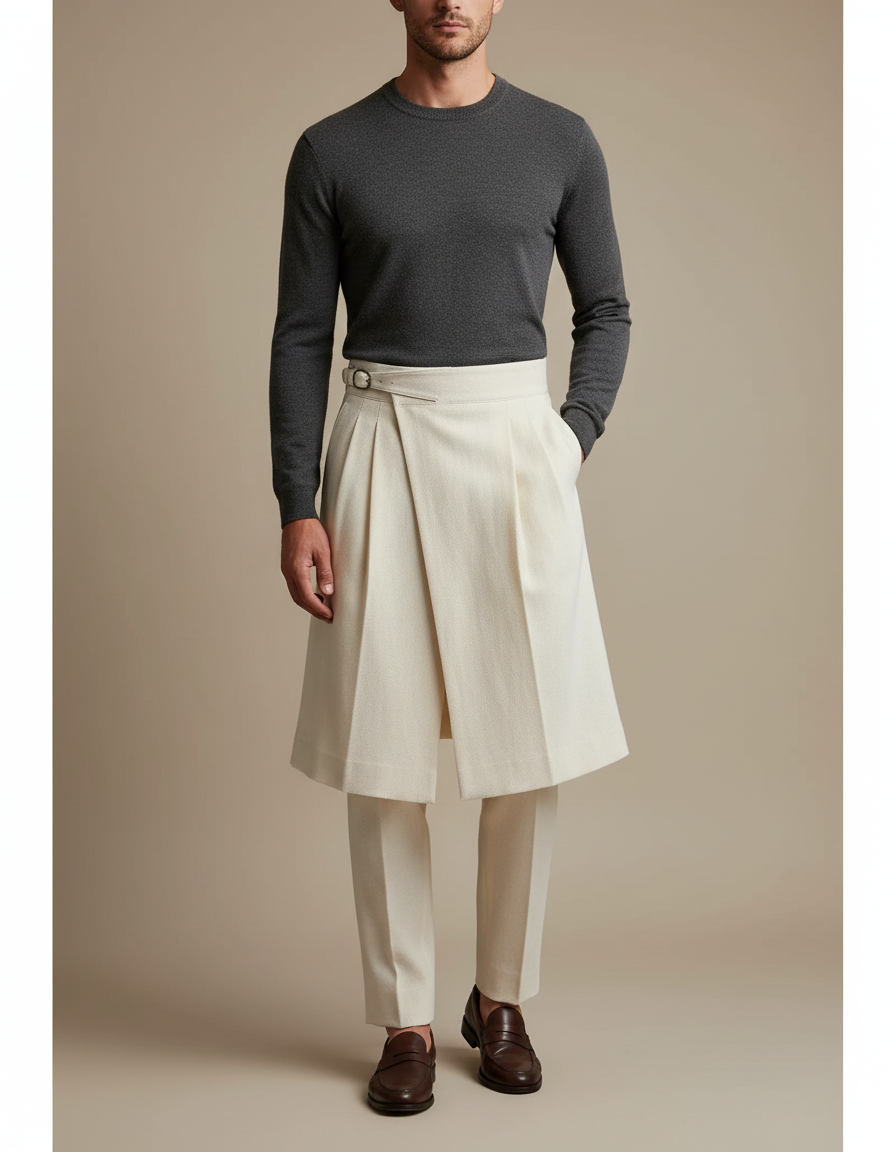 Pantalon Jupe Crème Plissé Élégant Sur-mesure Moderne - Beige Laine