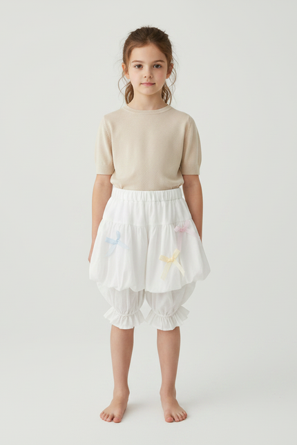Pantalon Jupe Blanc Bouffant Volants Nœuds Enfant Mignon - Coton