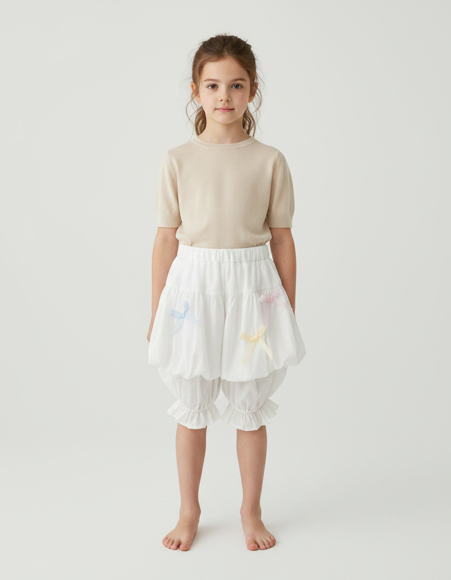 Pantalon Jupe Blanc Bouffant Volants Nœuds Enfant Mignon - Coton