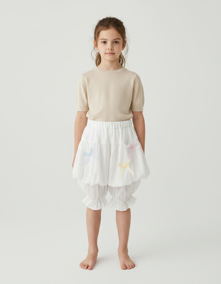 Pantalon Jupe Blanc Bouffant Volants Nœuds Enfant Mignon - Coton