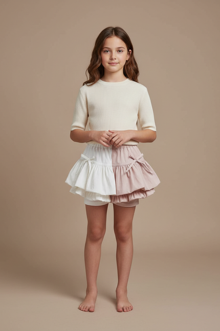 Pantalon Jupe Bicolore Volants Franges Nœuds Fille - Multicolore Lin