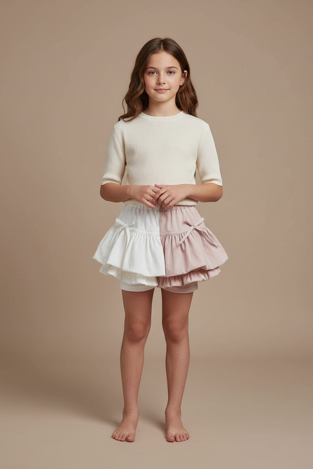 Pantalon Jupe Bicolore Volants Franges Nœuds Fille - Multicolore Lin