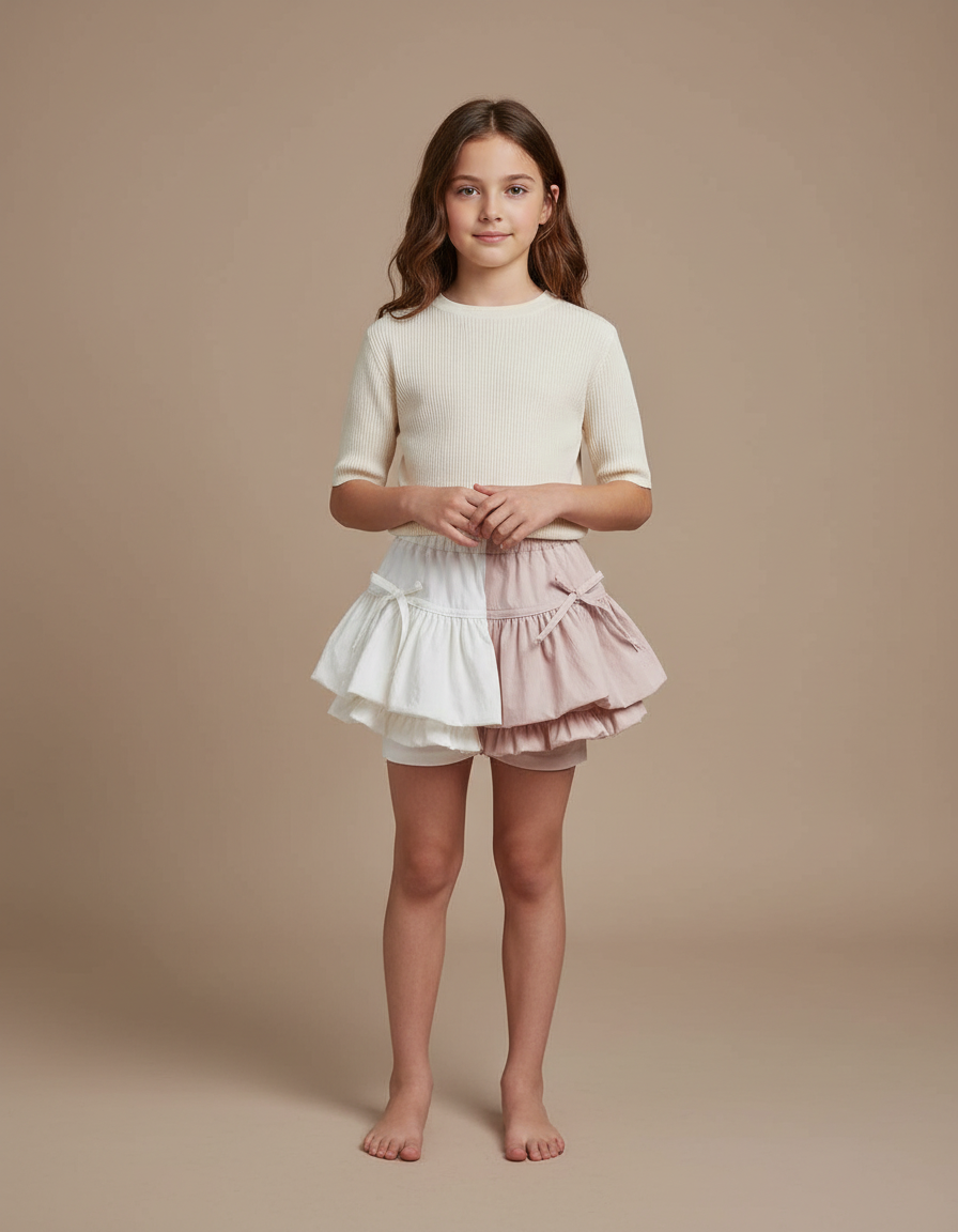 Pantalon Jupe Bicolore Volants Franges Nœuds Fille - Multicolore Lin