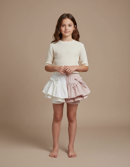 Pantalon Jupe Bicolore Volants Franges Nœuds Fille - Multicolore Lin