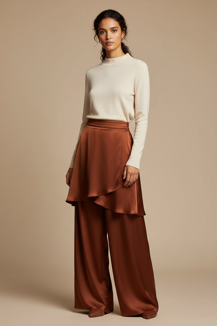 Pantalon Jupe Marron Satiné Fluide Superposé Élégant