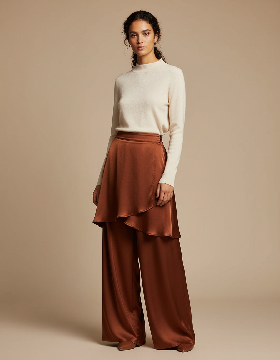 Pantalon Jupe Marron Satiné Fluide Superposé Élégant