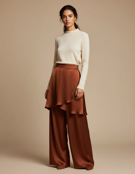 Pantalon Jupe Marron Satiné Fluide Superposé Élégant