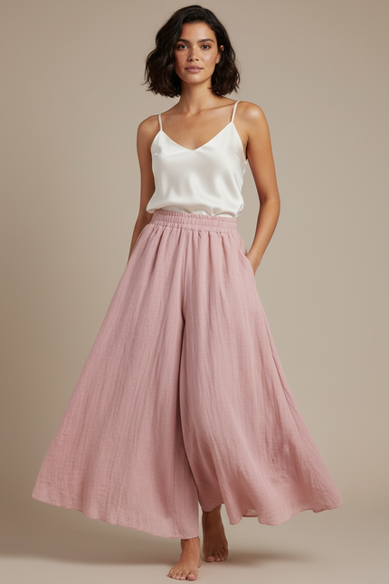 Pantalon Jupe Rose Ample Fluide Coton Lin Décontracté