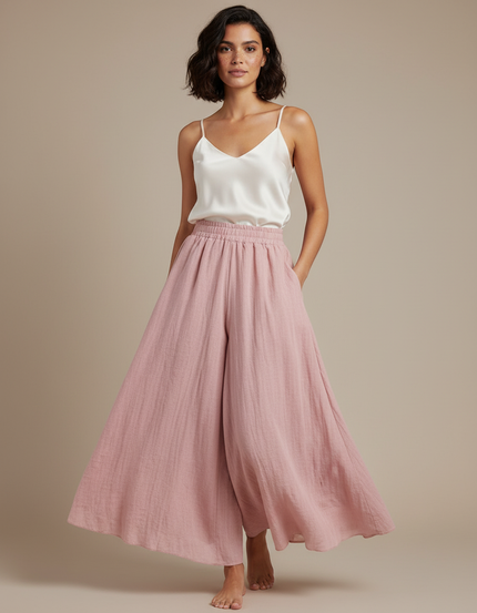 Pantalon Jupe Rose Ample Fluide Coton Lin Décontracté