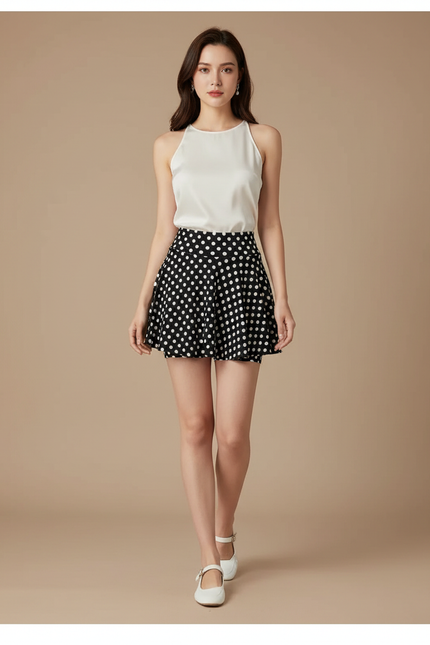 Pantalon Jupe Noir Pois Blanc Évasé Court - Satin