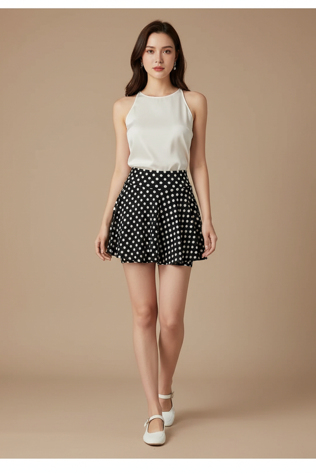Pantalon Jupe Noir Pois Blanc Évasé Court - Satin