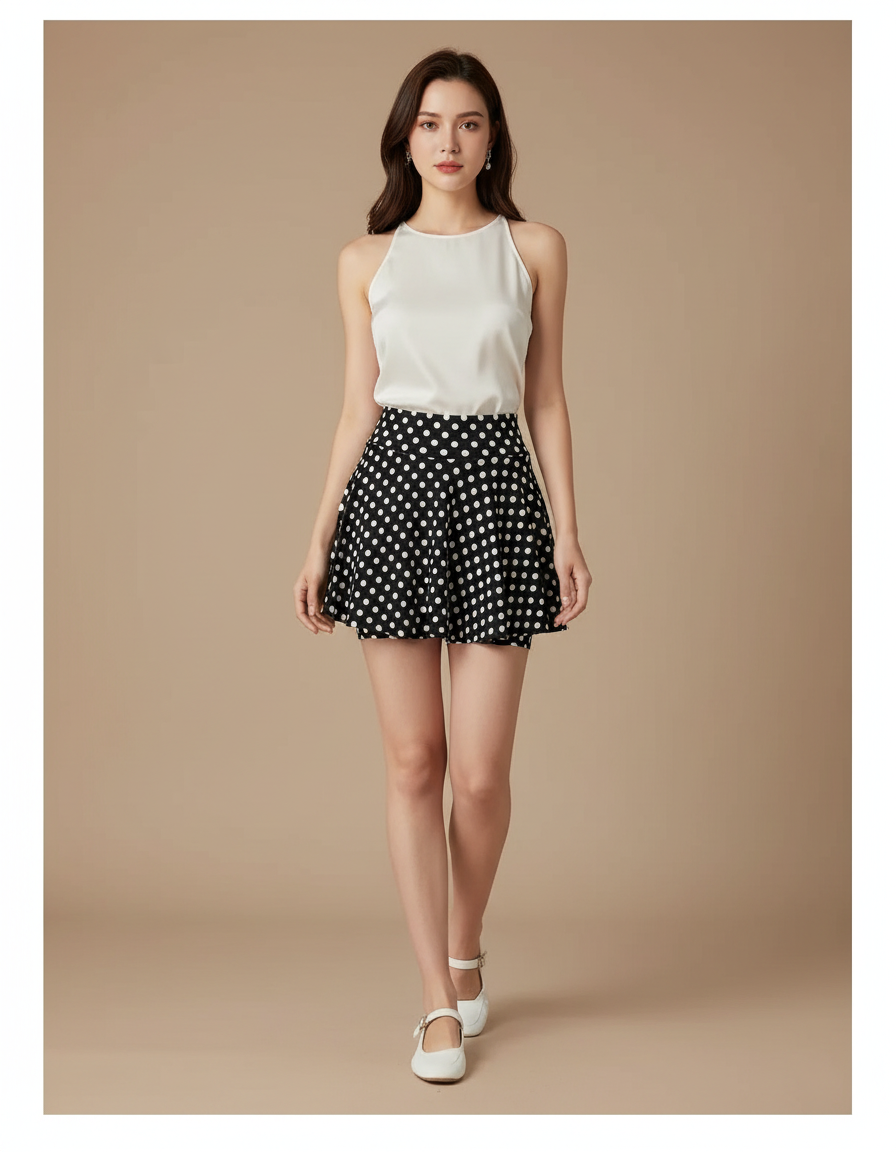 Pantalon Jupe Noir Pois Blanc Évasé Court - Satin