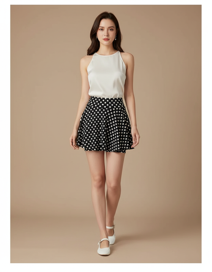 Pantalon Jupe Noir Pois Blanc Évasé Court - Satin