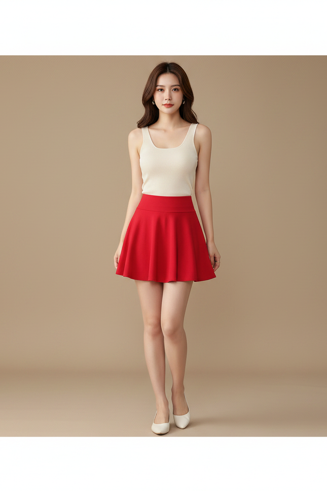 Pantalon Jupe Rouge Évasée Courte Plissée Élégante - Polyester