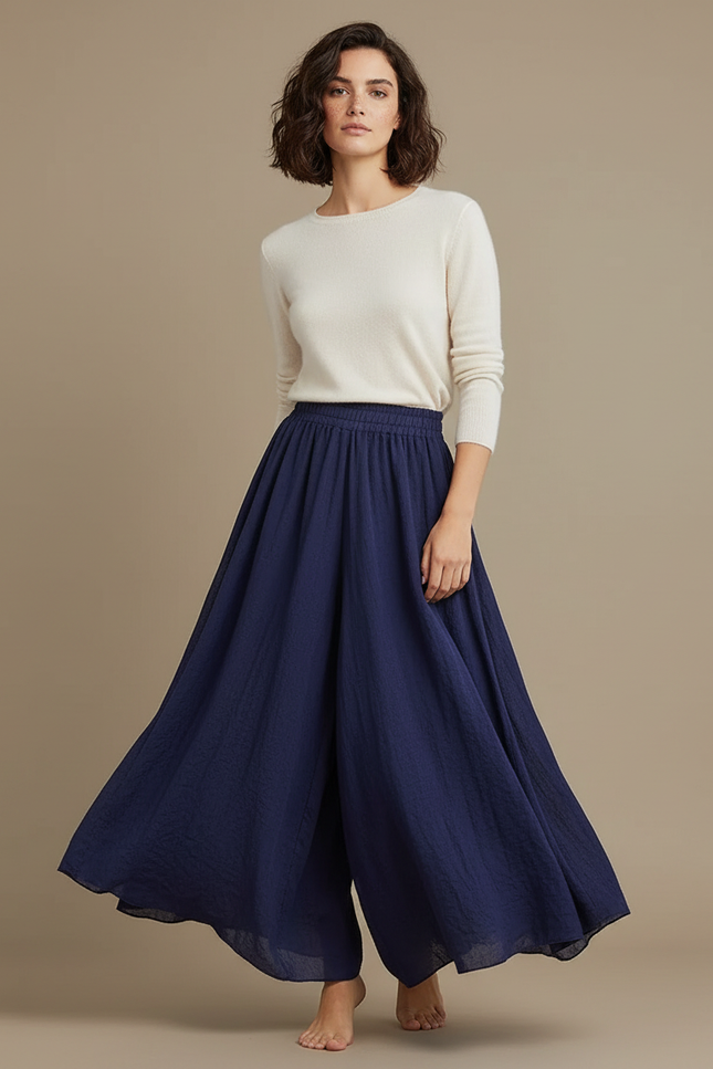 Pantalon Jupe Bleu Marine Coton Ample Fluide Élégant