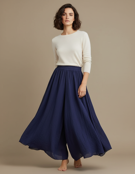 Pantalon Jupe Bleu Marine Coton Ample Fluide Élégant