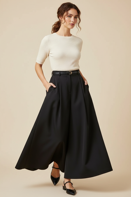 Pantalon Jupe Noir Ample Fluide Élégant Ceinturé - Polyester