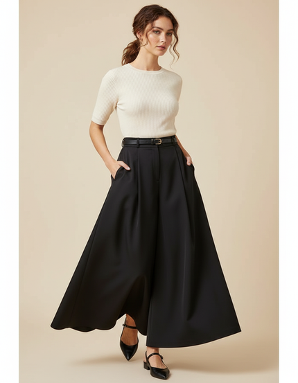 Pantalon Jupe Noir Ample Fluide Élégant Ceinturé - Polyester