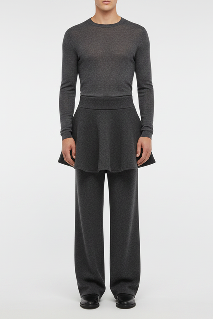 Pantalon Jupe Gris Maille Plissé Ample Moderne