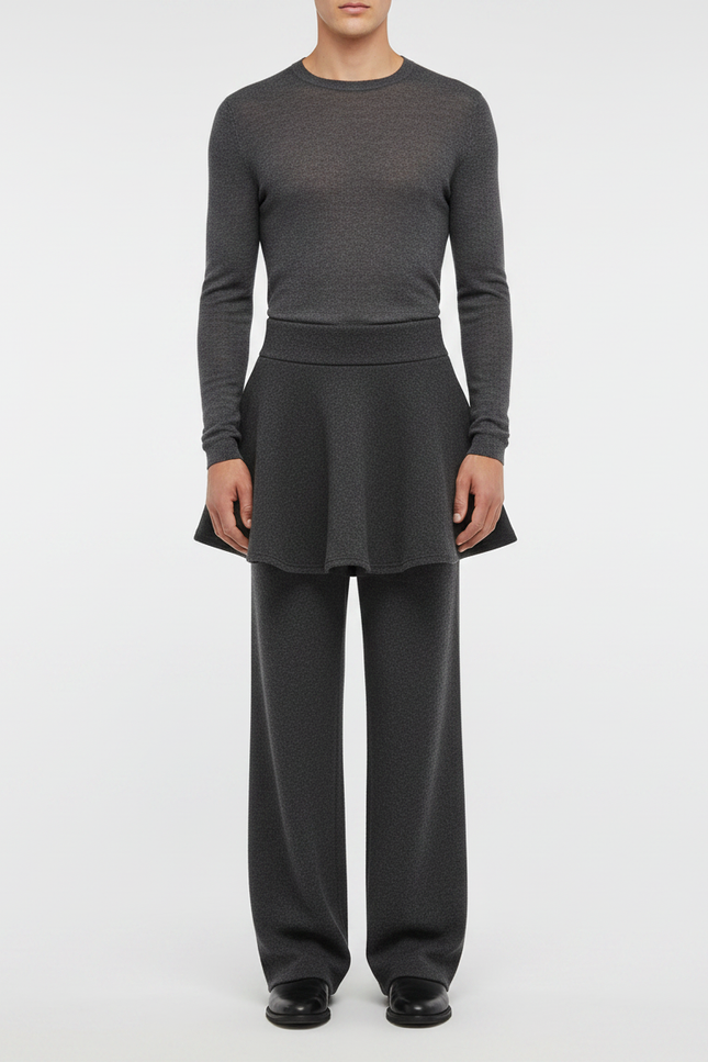 Pantalon Jupe Gris Maille Plissé Ample Moderne