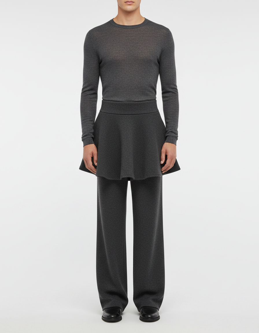 Pantalon Jupe Gris Maille Plissé Ample Moderne