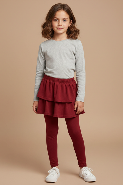 Pantalon Jupe Rouge Superposé Volants Coton Confortable Fille - Bordeaux Molleton