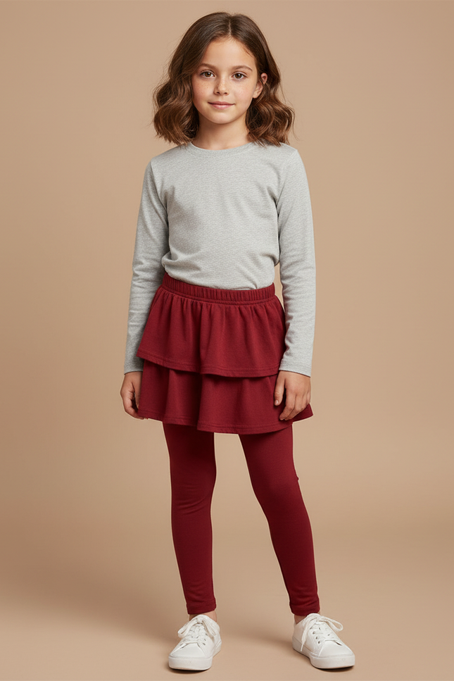 Pantalon Jupe Rouge Superposé Volants Coton Confortable Fille - Bordeaux Molleton