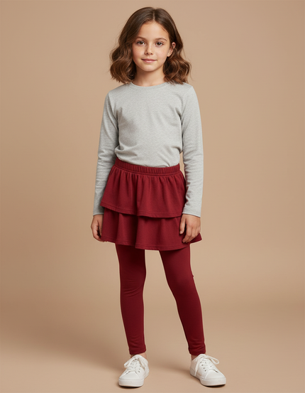 Pantalon Jupe Rouge Superposé Volants Coton Confortable Fille - Bordeaux Molleton