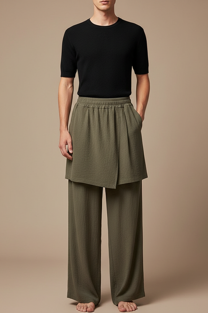 Pantalon Jupe Kaki Ample Superposé Fluide Homme - Lin