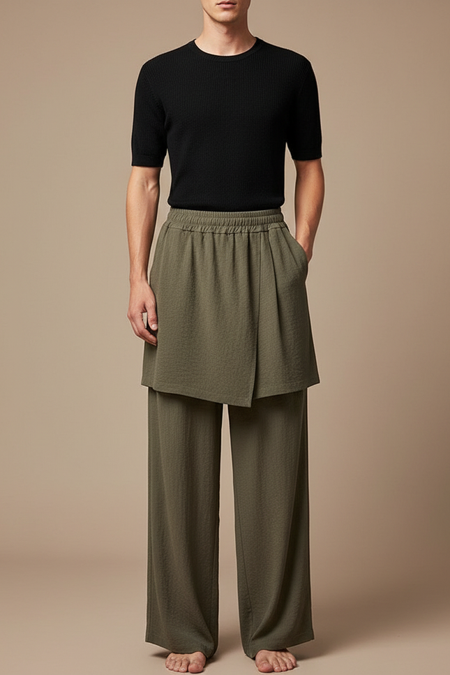 Pantalon Jupe Kaki Ample Superposé Fluide Homme - Lin