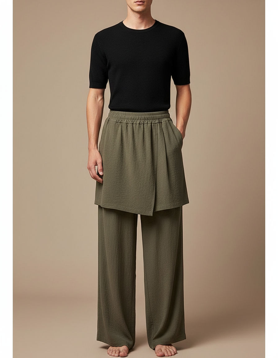 Pantalon Jupe Kaki Ample Superposé Fluide Homme - Lin