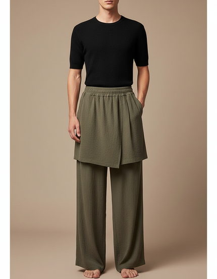 Pantalon Jupe Kaki Ample Superposé Fluide Homme - Lin