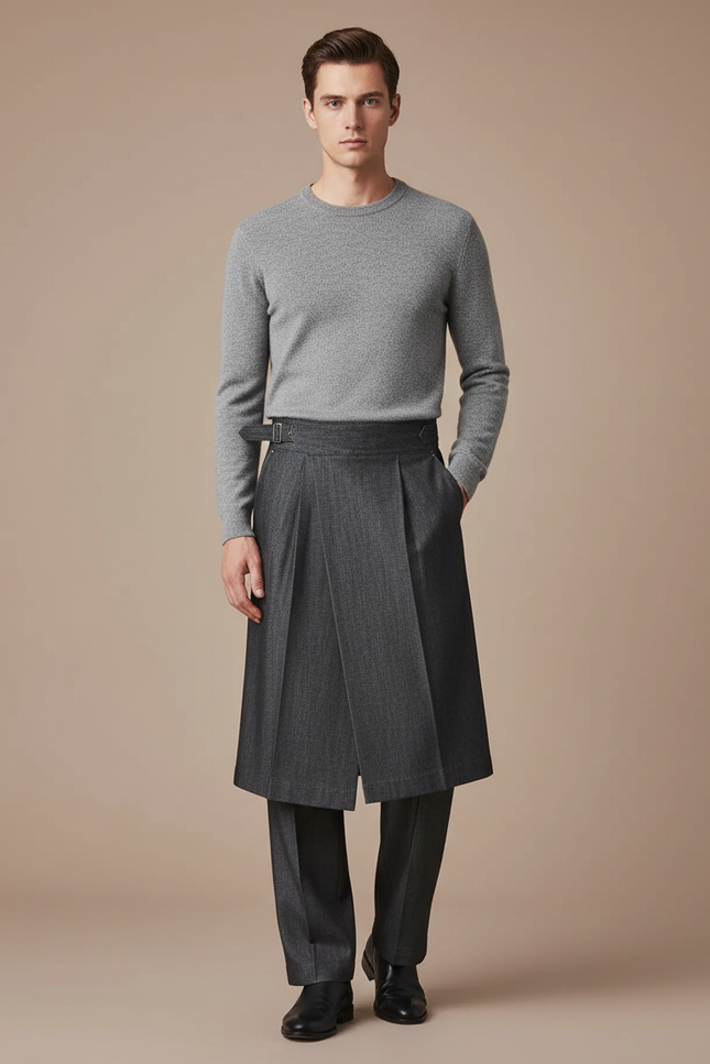Pantalon Jupe Gris Plissé Homme Élégant Chic - Gabardine