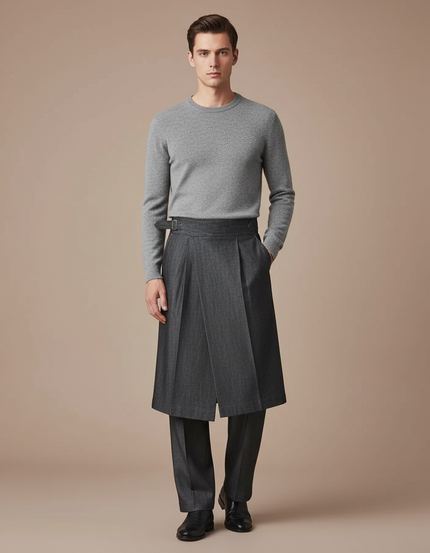 Pantalon Jupe Gris Plissé Homme Élégant Chic - Gabardine