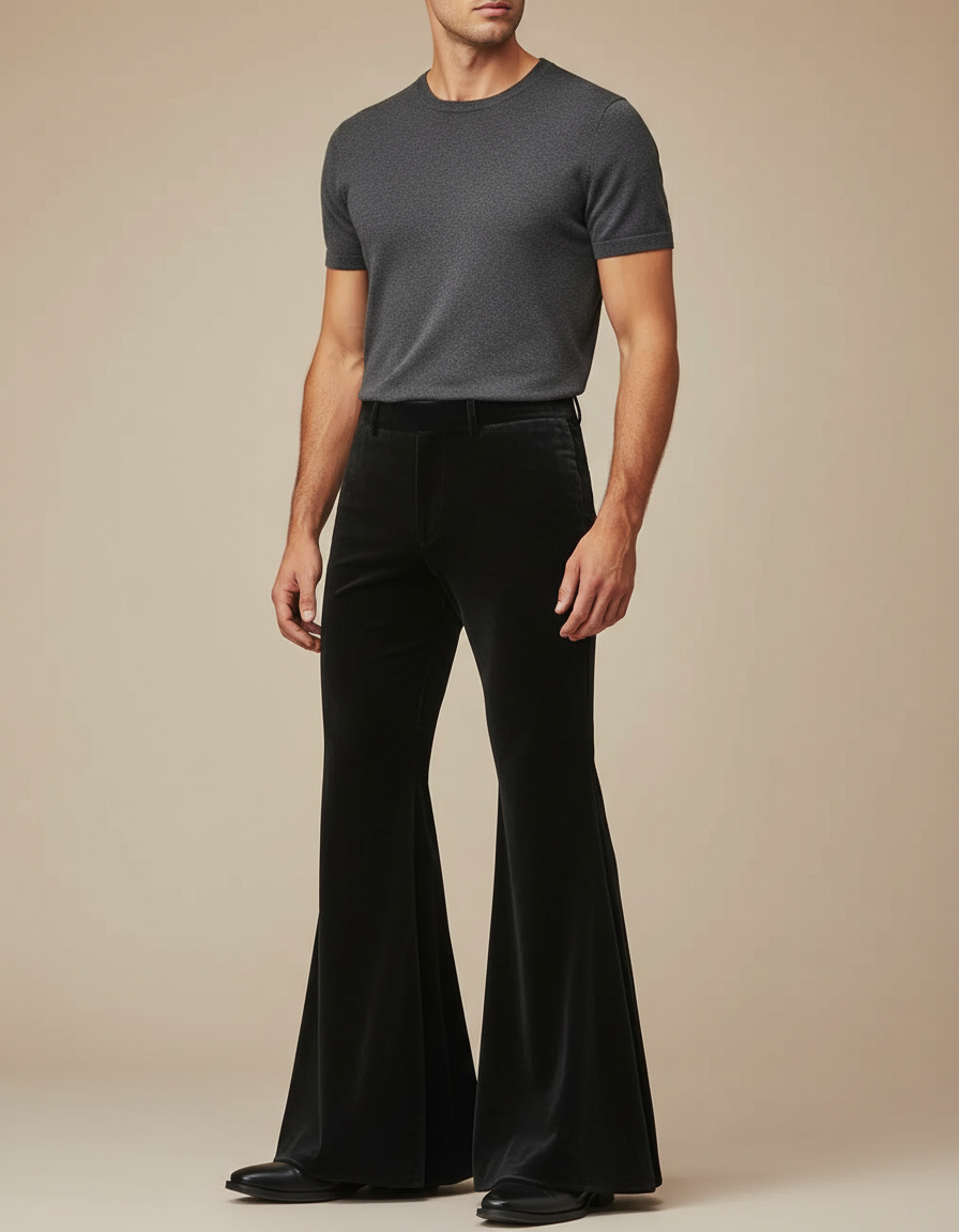 Pantalon Jupe Noir Velours Évasé Rétro Homme