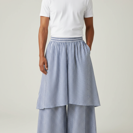 Pantalon Jupe Rayé Bleu Ample Superposé Coton Fluide