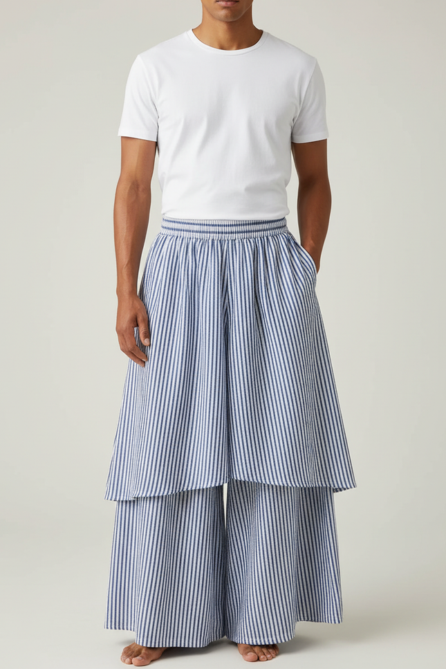 Pantalon Jupe Rayé Bleu Ample Superposé Coton Fluide