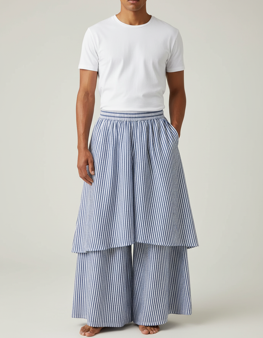 Pantalon Jupe Rayé Bleu Ample Superposé Coton Fluide