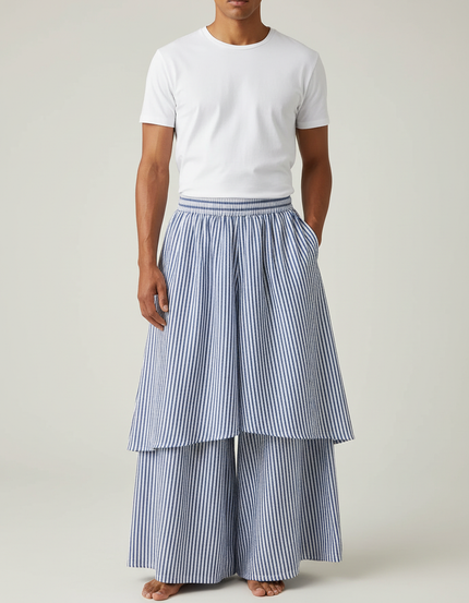 Pantalon Jupe Rayé Bleu Ample Superposé Coton Fluide