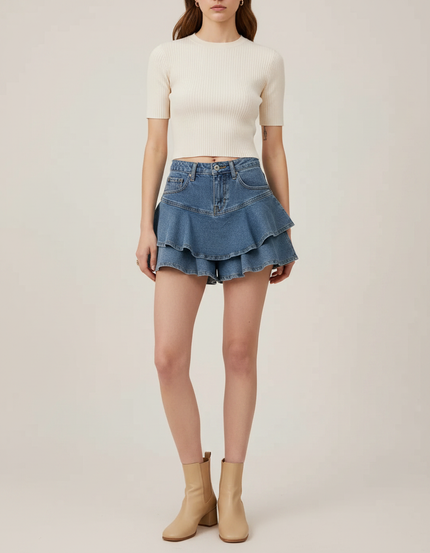 Pantalon Jupe Denim Bleu Volants Superposés Court - Jean
