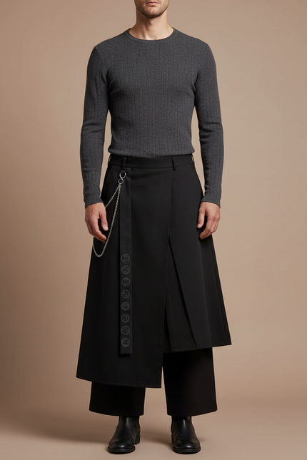 Pantalon Jupe Noir Asymétrique Plissé Chaîne Samurai - Gabardine
