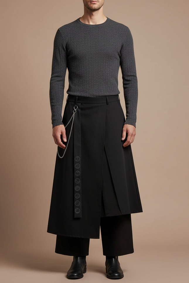 Pantalon Jupe Noir Asymétrique Plissé Chaîne Samurai - Gabardine