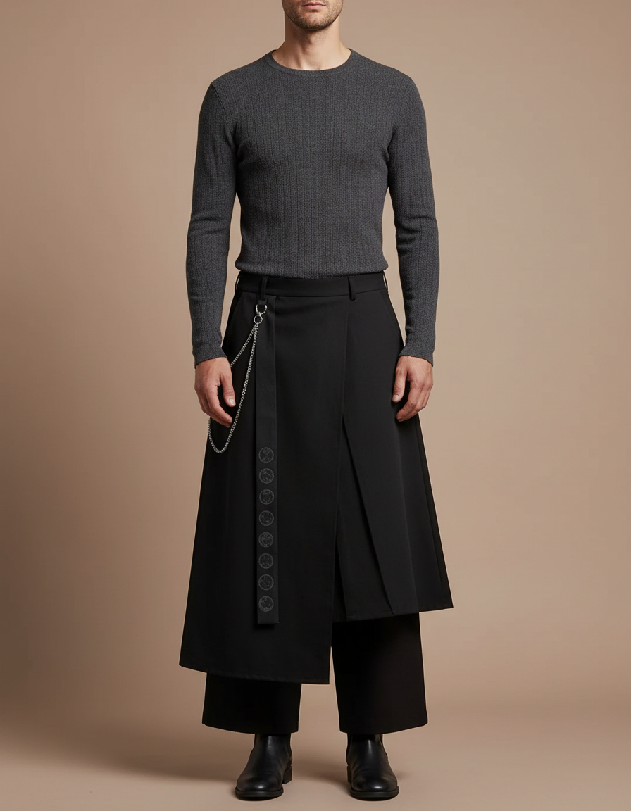 Pantalon Jupe Noir Asymétrique Plissé Chaîne Samurai - Gabardine