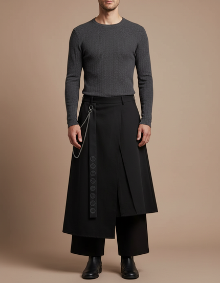 Pantalon Jupe Noir Asymétrique Plissé Chaîne Samurai - Gabardine