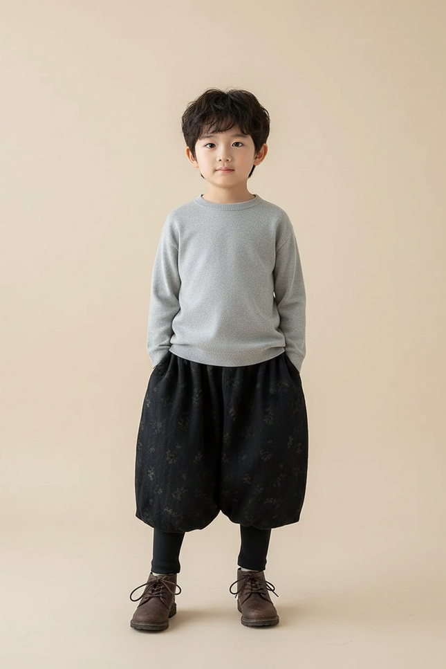 Pantalon Jupe Noir Ample Imprimé Floral Garçon Hiver - Molleton