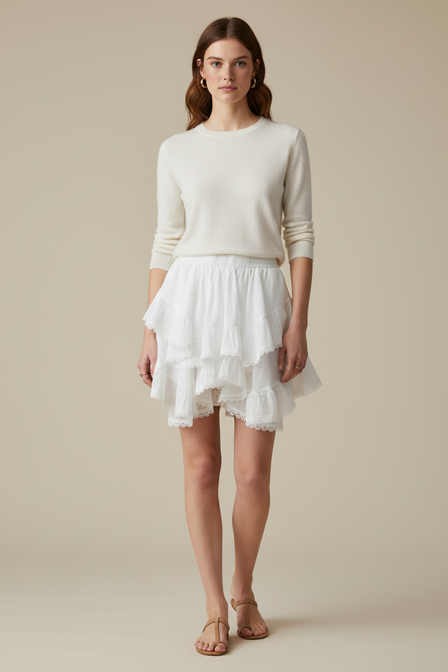 Pantalon Jupe Blanc Volants Dentelle Courte Été Femme - Coton