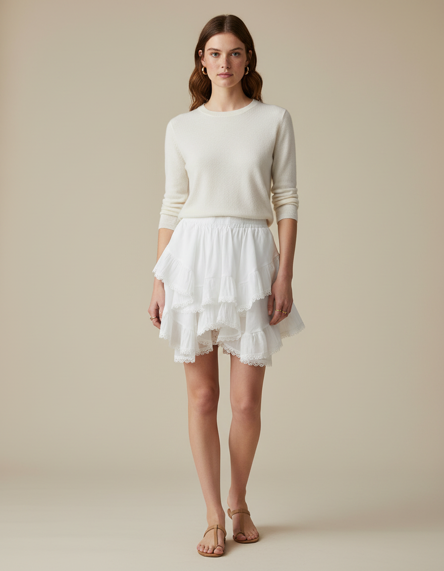 Pantalon Jupe Blanc Volants Dentelle Courte Été Femme - Coton