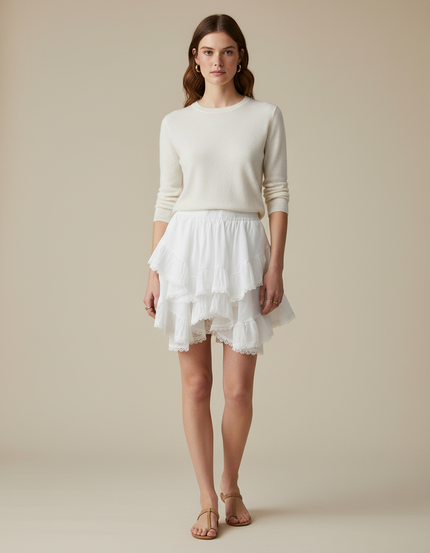 Pantalon Jupe Blanc Volants Dentelle Courte Été Femme - Coton