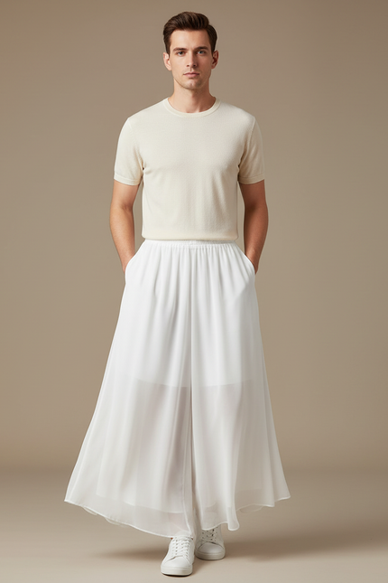 Pantalon Jupe Blanc Fluide Ample Élégant Décontracté - Polyester