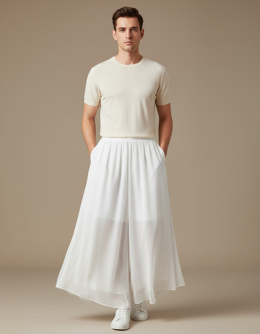 Pantalon Jupe Blanc Fluide Ample Élégant Décontracté - Polyester